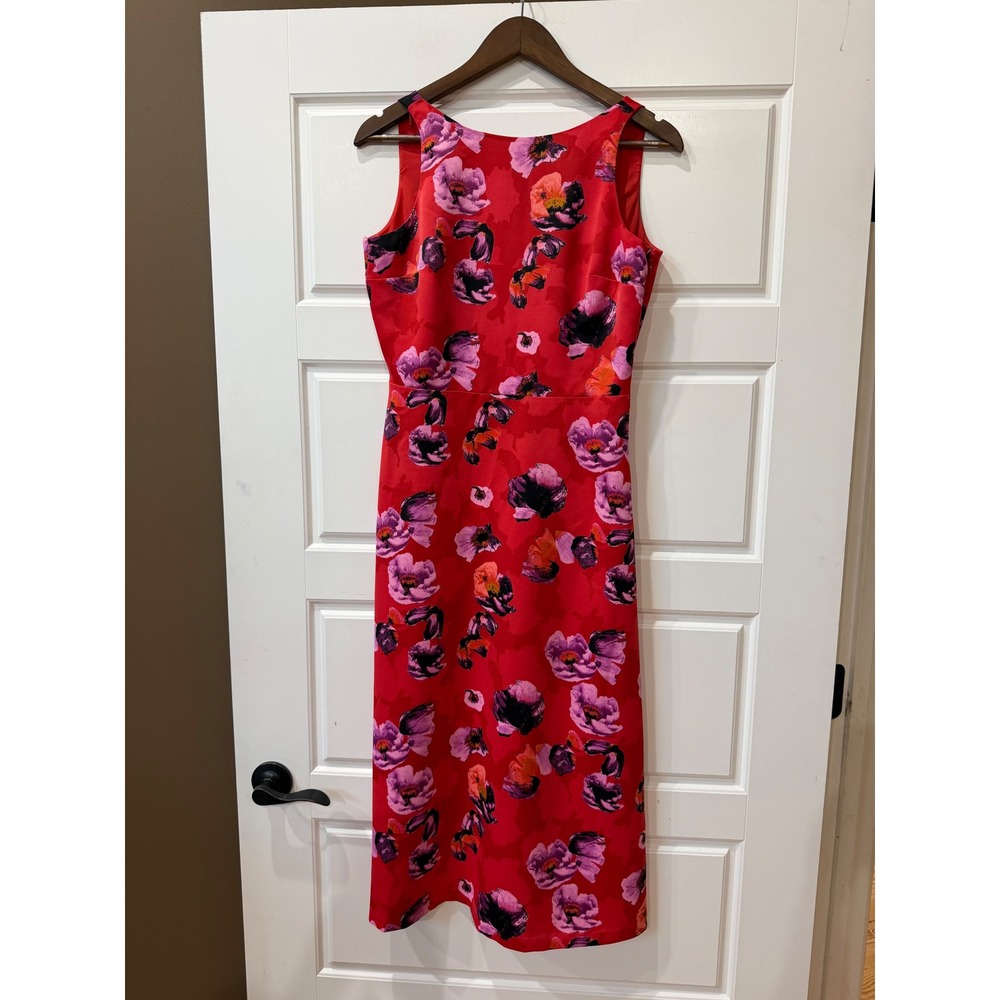 Banana Republic Red Floral Sleeveless Sheath Dress V-Back Midi Size 2